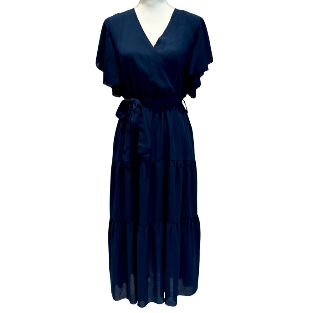 NWOT Navy Blue Flowy Midi Dress | Ruffle Sleeves + Elastic Waist (M) - Picture 4 of 13